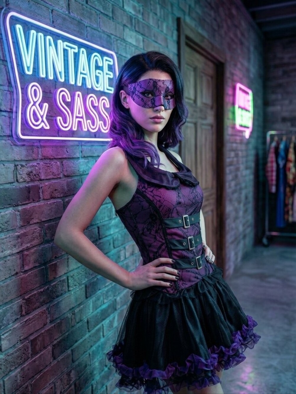 Vintage Goth 3-Piece Set Halter Corset Top Tutu Skirt Purple Black Lace Mask SM